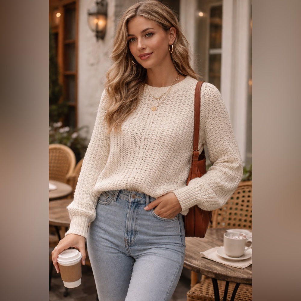 H&M Ivory Crew Neck Sweater Soft Knit Relaxed Fit Cozy Neutral Pullover 🤍